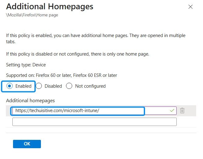 Set additional home page in Firefox via Intune