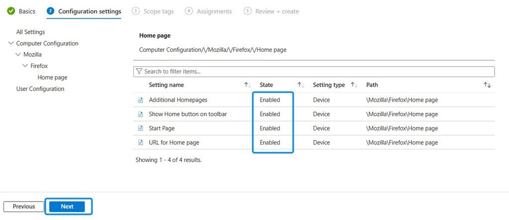 Firefox imported administrative templates in Intune