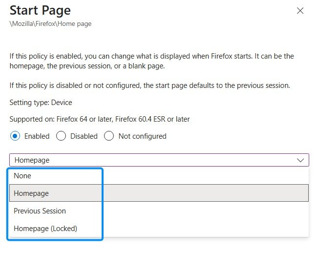 Intune Firefox start page