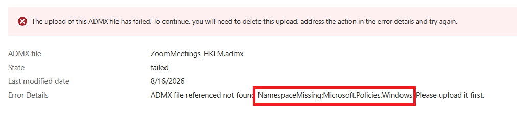 MX file referenced not found NamespaceMissing:Microsoft.Policies