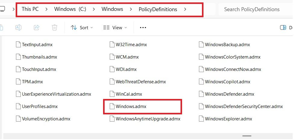 Windows policy definition (ADMX)