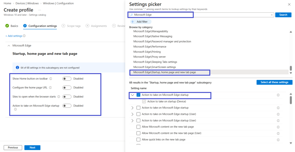 Microsoft Edge Homepage, startup page and new tab settings