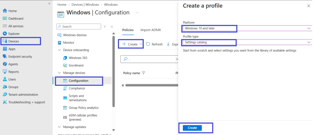 Intune Settings catalog policy for browser home page.