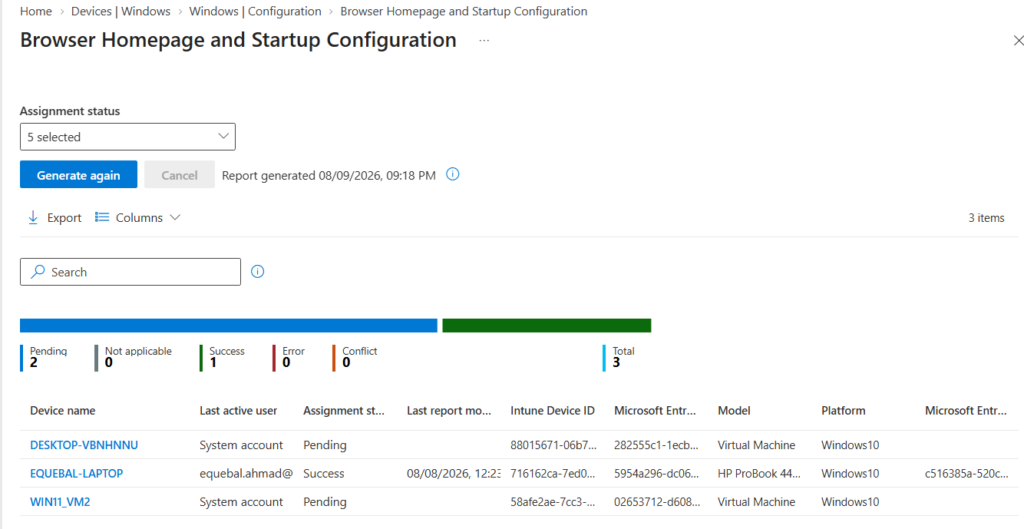 Intune device configuration policy assignment status