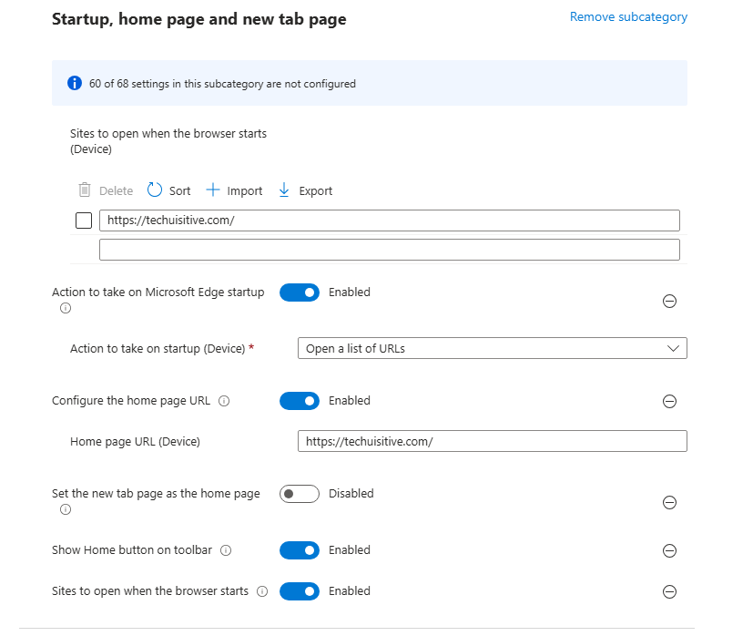 Microsoft Edge Homepage, startup page and new tab settings