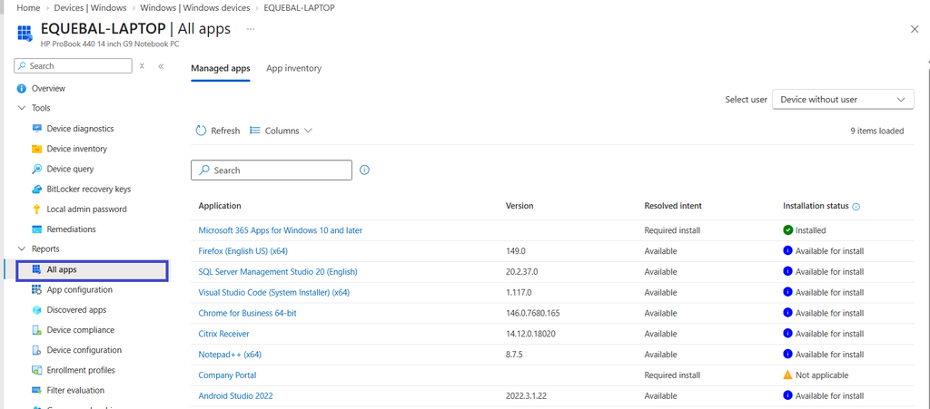 Intune device > All apps > Managed Apps